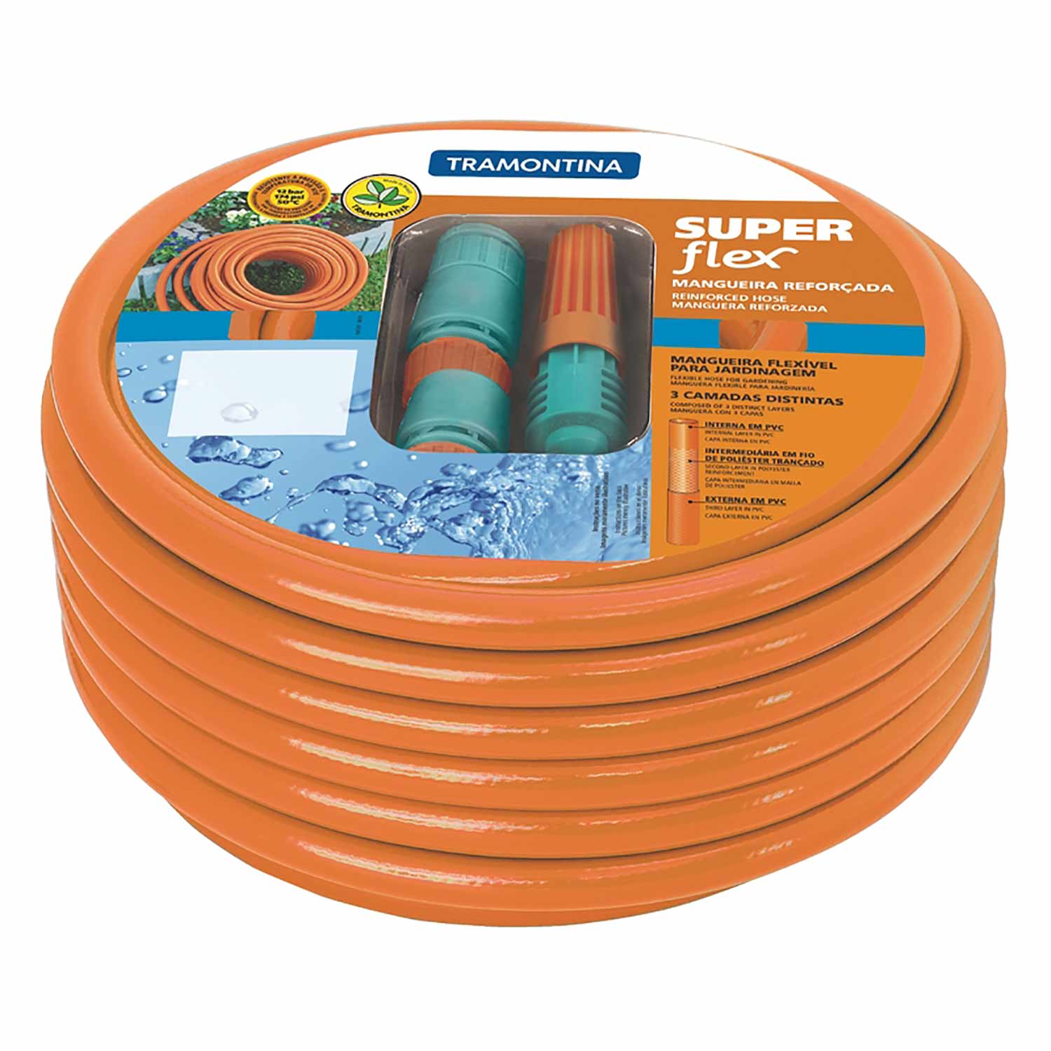 MANGUERA PARA JARDIN SUPER FLEX 1/2 - 20 M, CON ACOPLES RAPIDOS Y BOQUILLA