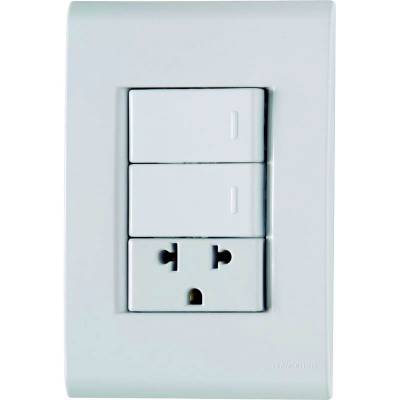 CONJUNTO ARMADO 2 INTERRUPTORES SIMPLE + TOMACORRIENTE 2P+T UNIVERSAL  10A-15A 250V BLANCO LIZ