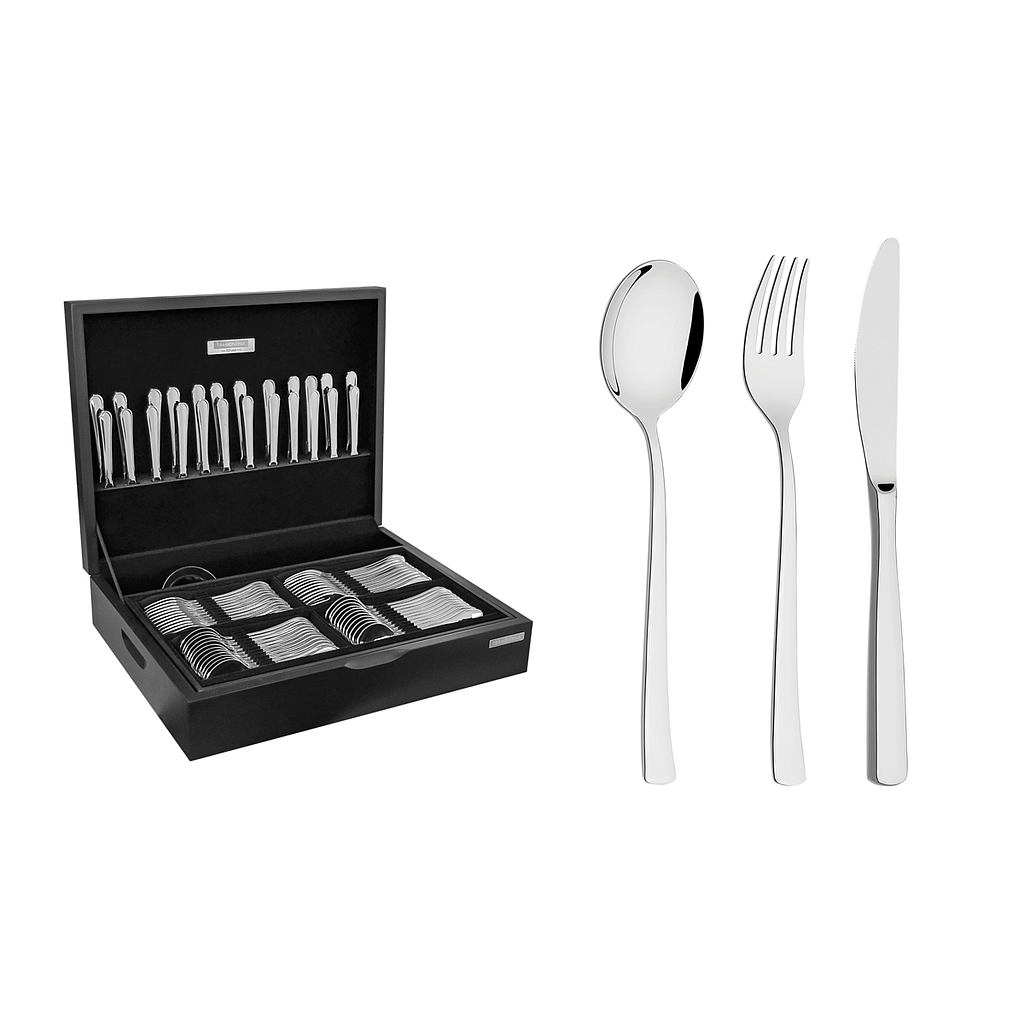 JUEGO DE CUBIERTOS EN ACERO INOXIDABLE CON CAJA DE MADERA DE LUJO 101 PIEZAS BERLIN BRILHO