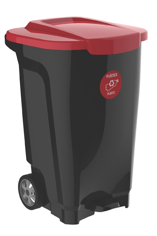 [92815409] BASURERO 100 L CON RUEDAS NEGRO TAPA ROJA T-FORCE