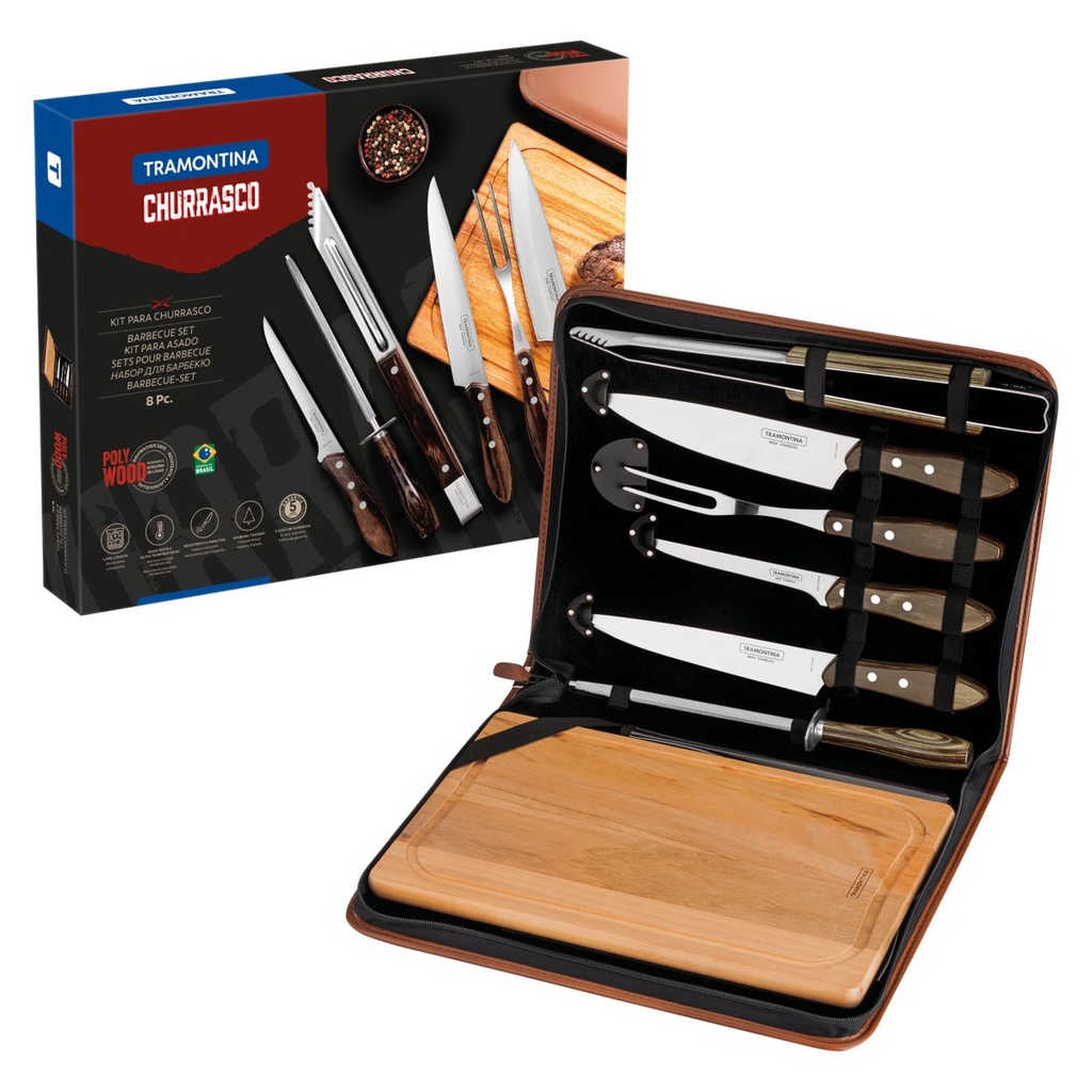 [21198965] JUEGO PARA CHURRASCO CON ESTUCHE 8 PIEZAS POLYWOOD