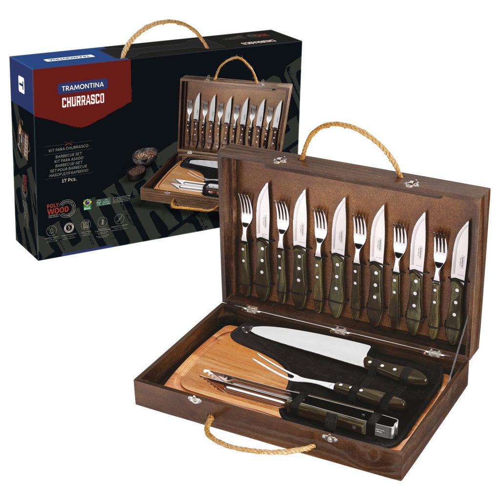 [21198966] JUEGO PARA CHURRASCO CON MALETIN MADERA 17 PIEZAS POLYWOOD