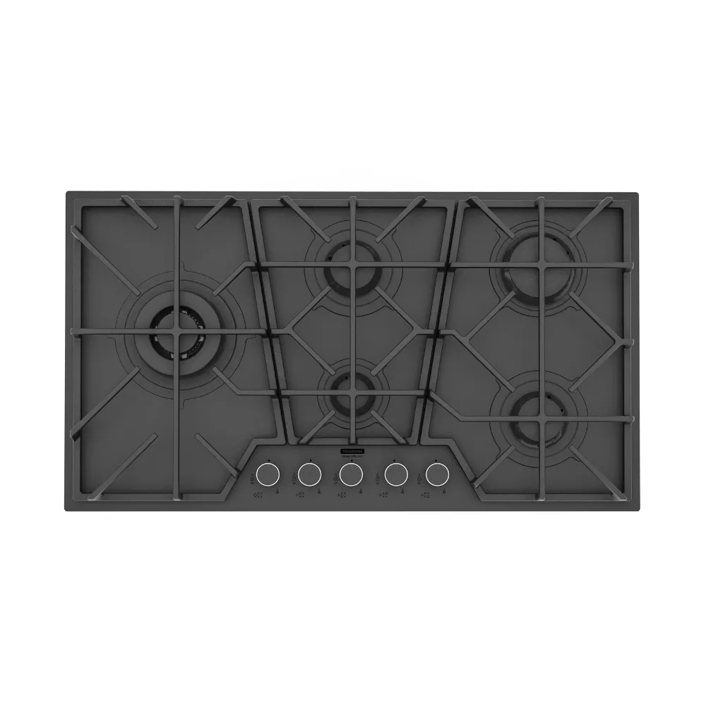PLACA DE COCCION A GAS GLASS PENTA FULL BLACK 5GG, EN VIDRIO TEMPLADO MATE, REJILLAS DE HIERRO FUNDIDO, DESIGN COLLECTION, 90X51 CM.