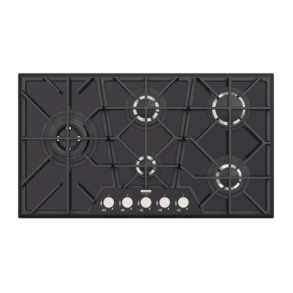 [94731144] PLACA DE COCCION A GAS GLASS PENTA FULL BLACK 5GG, EN VIDRIO TEMPLADO, REJILLAS DE HIERRO FUNDIDO, DESIGN COLLECTION, 90X51 CM.