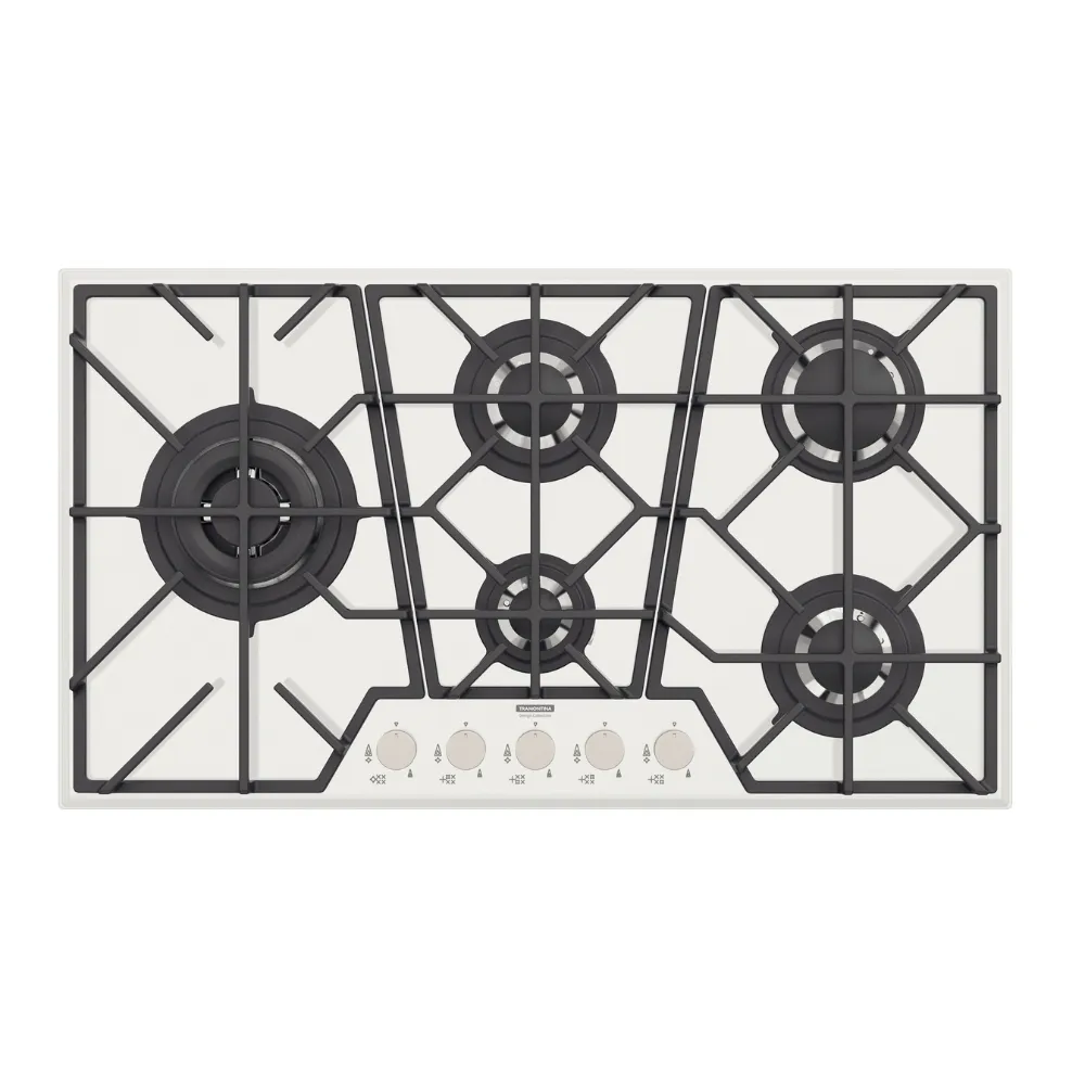 [94731184] COCINA ENCIMERA A GAS GLASS PENTA FULL WHITE 5GG, EN VIDRIO TEMPLADO, REJILLAS DE HIERRO FUNDIDO, DESIGN COLLECTION, 90X51 CM.
