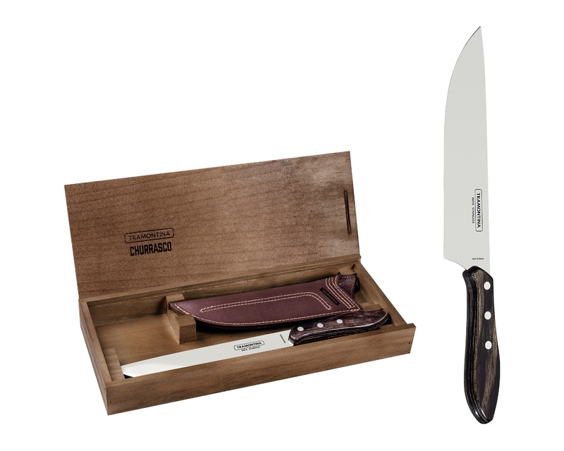 CUCHILLO PARA CARNE 8" POLYWOOD CON VAINA DE CUERO Y ESTUCHE DE MADERA