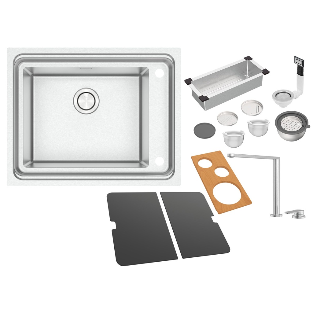 CUBETA WORKSTATION QUADRUM DEEP 50, EN ACERO INOX, DE EMPOTRAR, 66X53 CM., CON ACCESORIOS