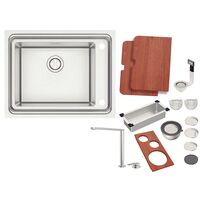 [93913113] CUBETA WORKSTATION QUADRUM DEEP 50, EN ACERO INOX, DE EMPOTRAR, 66X53 CM., CON ACCESORIOS Y TABLA DE MADERA